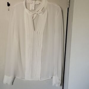 Frame Denim White Pleated Blouse with Bib Collar